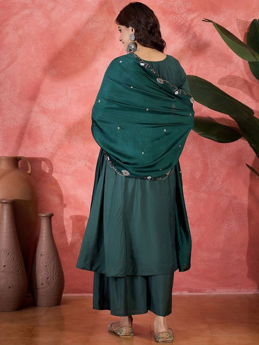 Green Color Chanderi Silk Fabric Beautiful Graceful Readymade Palazzo Dress