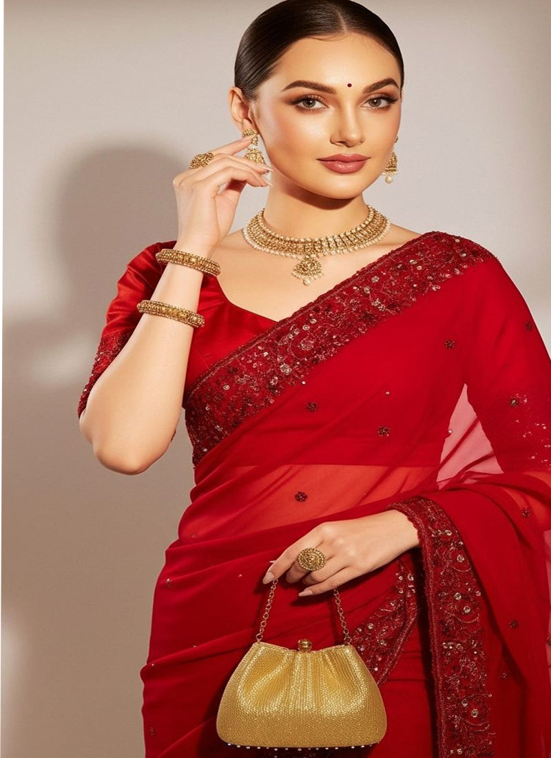 Red Fendy Silk Multi Sequence Embroidered Work Saree With Blouse