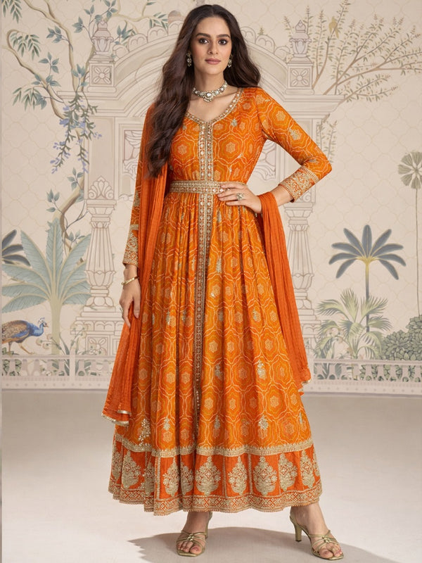 Designer Chinon Silk Embroidered Work Wedding Anarkali Suit