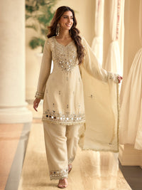 Ceam Silk Blend Mirror Embroidered Work Kurti Plazzo Set With Dupatta