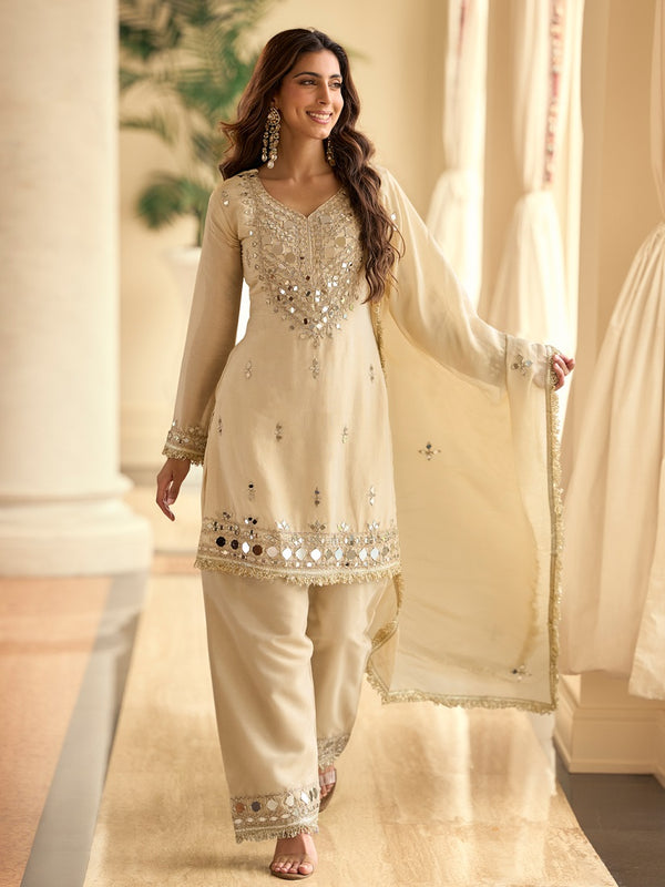 Ceam Silk Blend Mirror Embroidered Work Kurti Plazzo Set With Dupatta