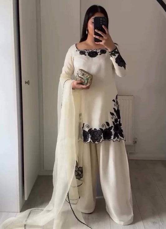 White Fendy Silk Embroidery Thread Work Patiala Suit