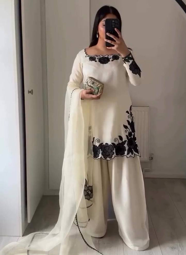 White Fendy Silk Embroidery Thread Work Patiala Suit