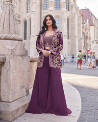 Elegant Wine Indo-Western Palazzo Set for Wedding Wear