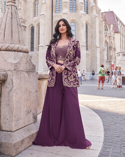 Elegant Wine Indo-Western Palazzo Set for Wedding Wear