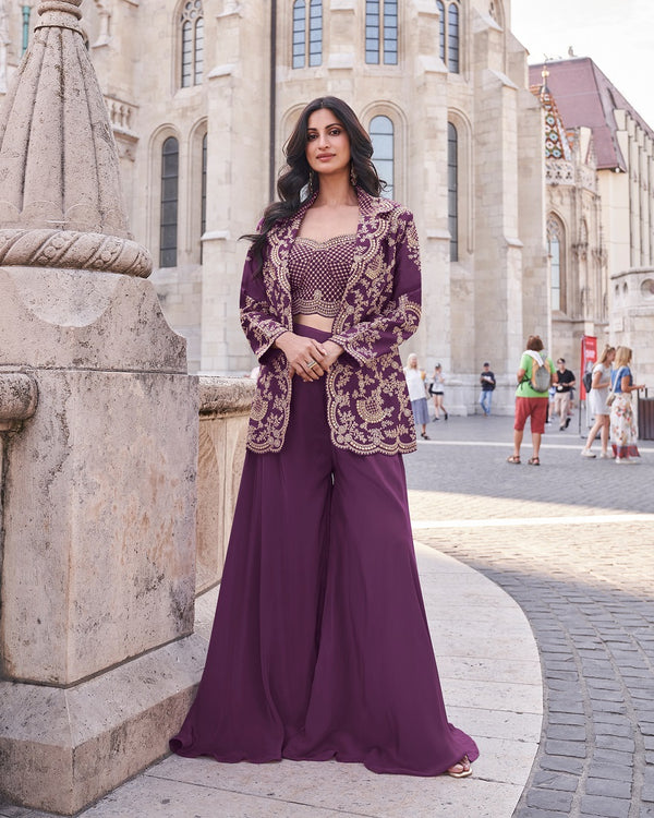 Elegant Wine Indo-Western Palazzo Set for Wedding Wear