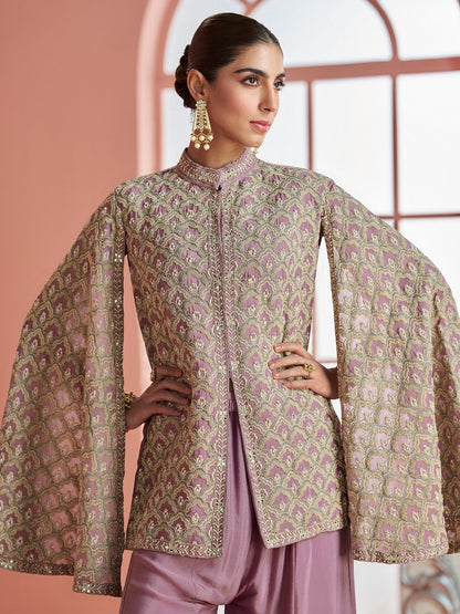 Women Mauve & Gold Printed Cape Style Kurta with Flared Palazzo Pants