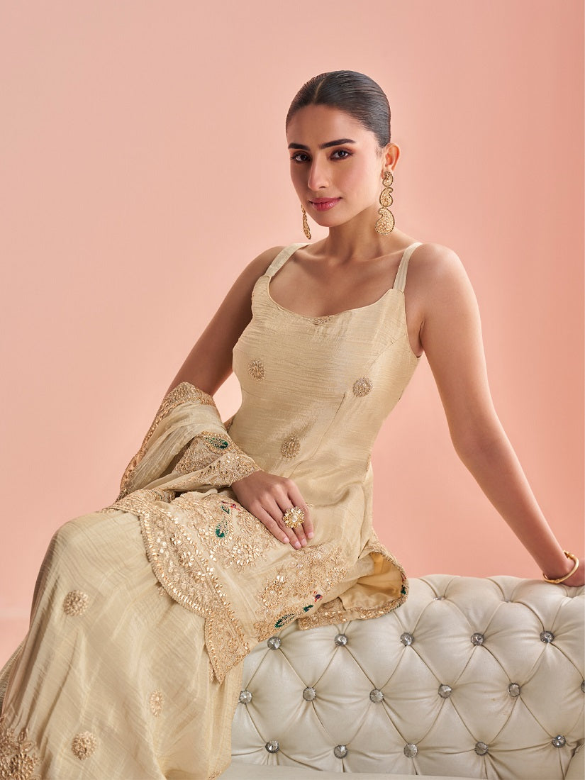 Cream Cosmos with Coading Sequence With thread Work Plazzo Set