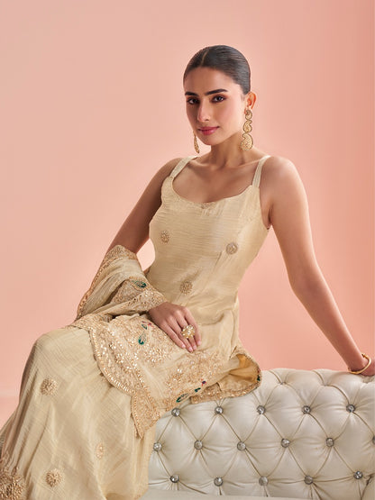 Cream Cosmos with Coading Sequence With thread Work Plazzo Set