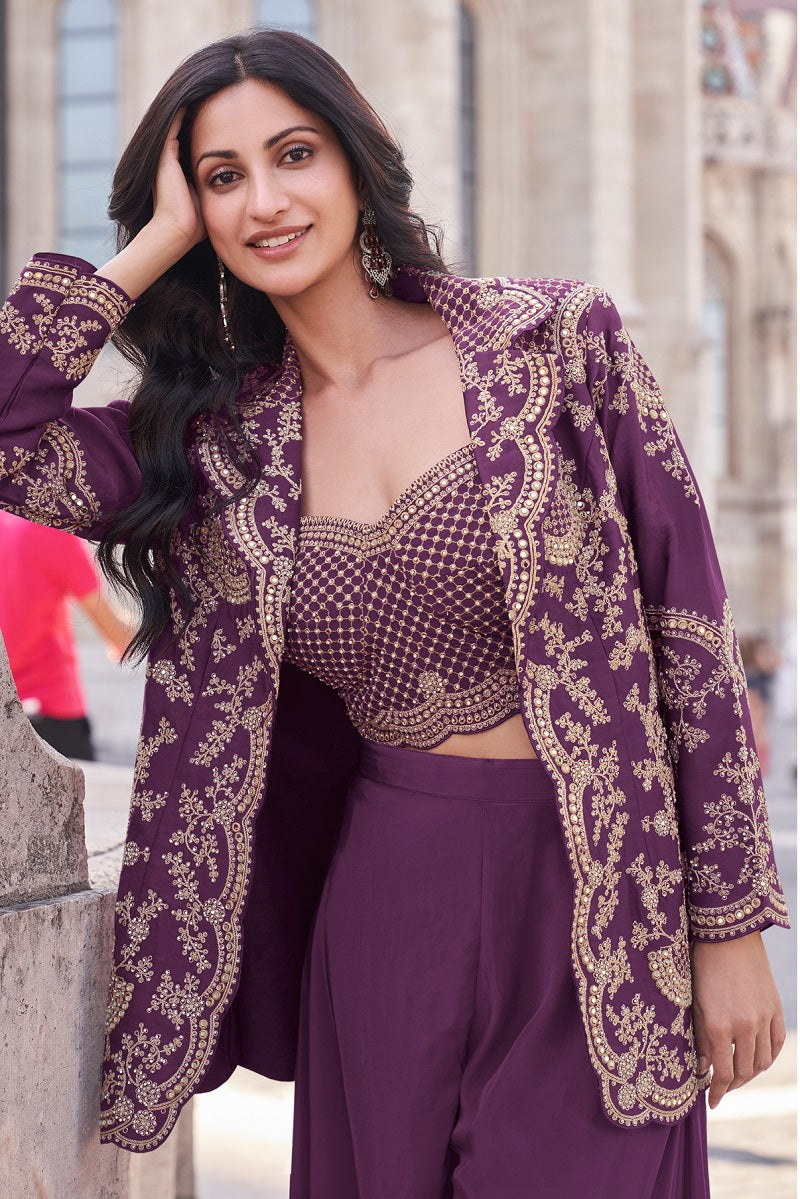 Elegant Wine Indo-Western Palazzo Set for Wedding Wear