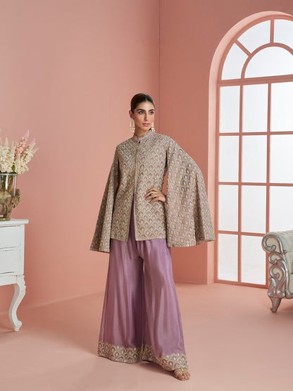 Women Mauve & Gold Printed Cape Style Kurta with Flared Palazzo Pants