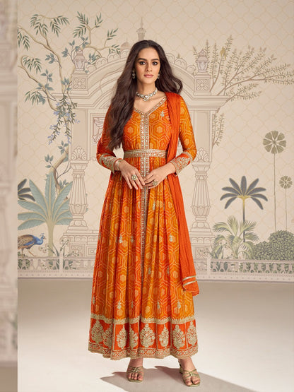 Designer Chinon Silk Embroidered Work Wedding Anarkali Suit