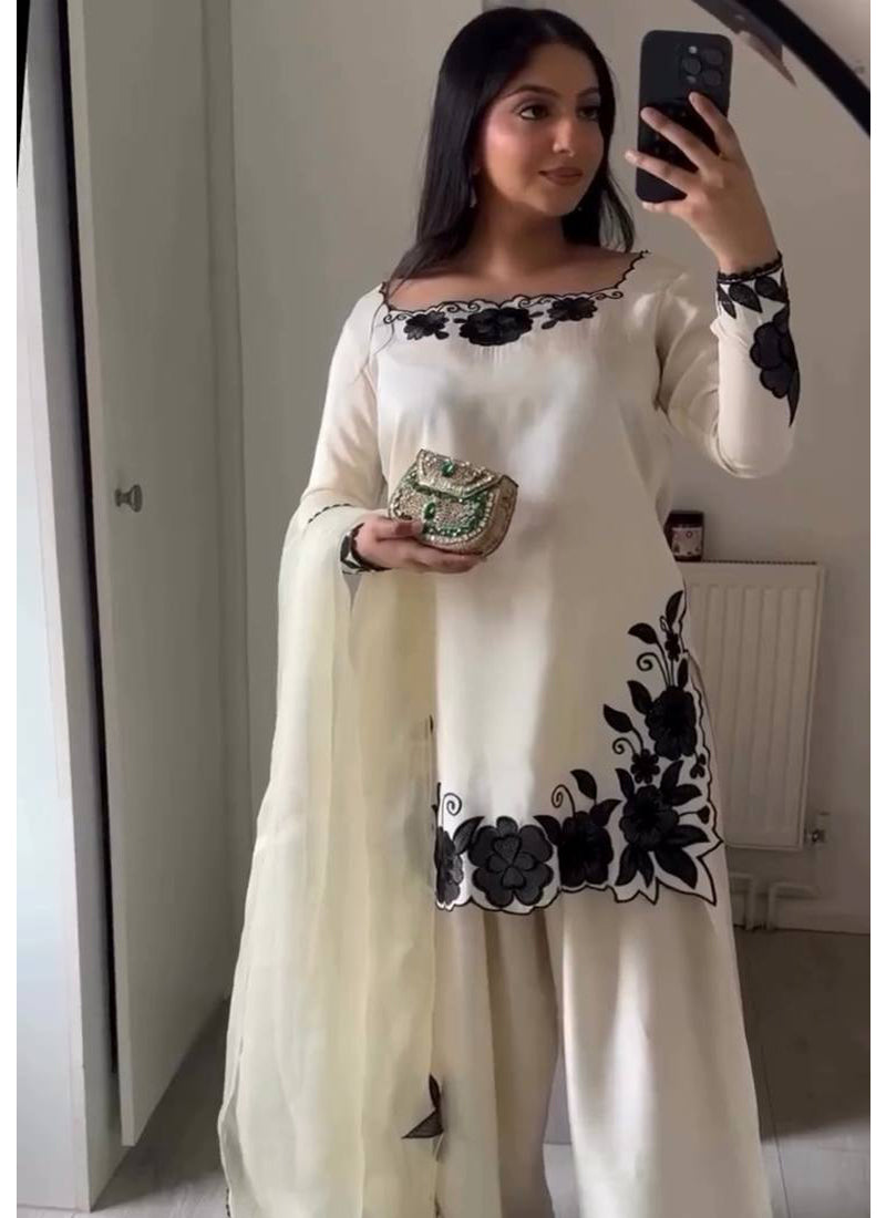 White Fendy Silk Embroidery Thread Work Patiala Suit