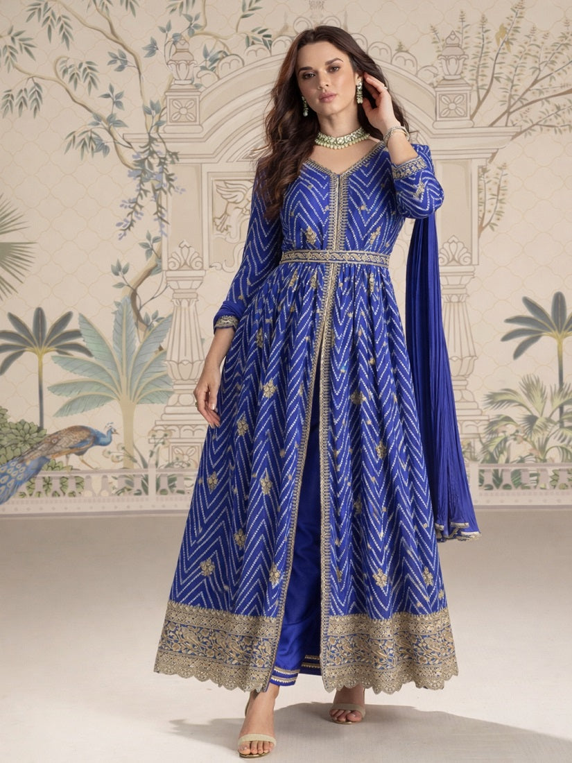 Designer Chinon Silk Embroidered Work Wedding Anarkali Suit