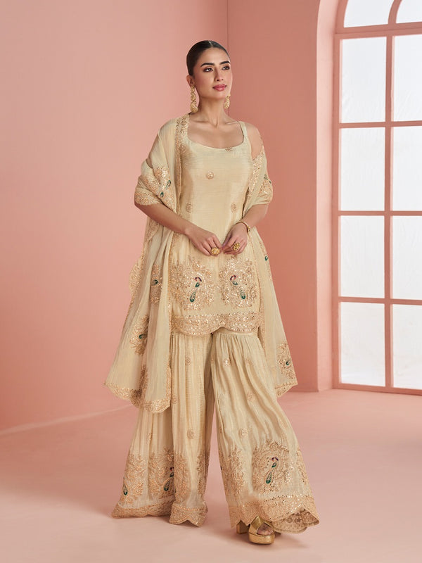 Cream Cosmos with Coading Sequence With thread Work Plazzo Set