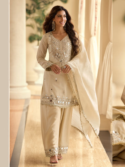 Ceam Silk Blend Mirror Embroidered Work Kurti Plazzo Set With Dupatta