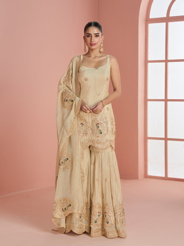 Cream Cosmos with Coading Sequence With thread Work Plazzo Set