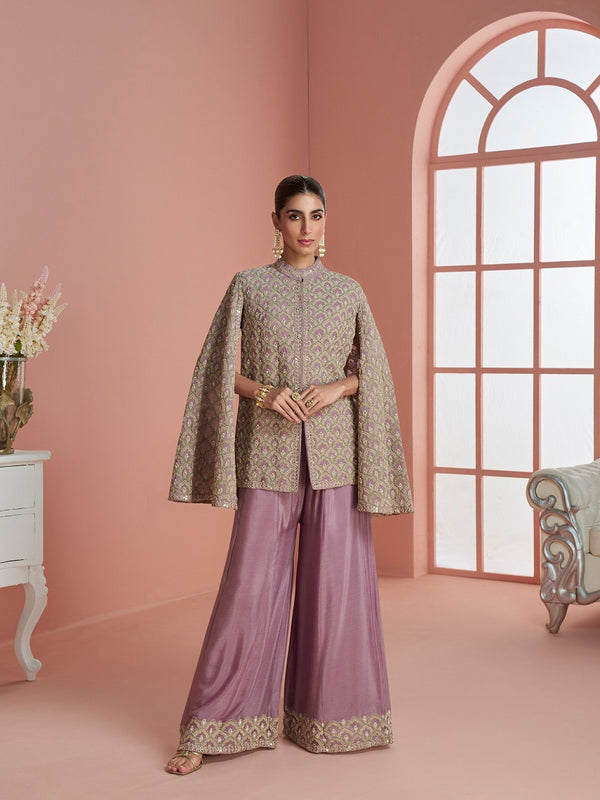 Women Mauve & Gold Printed Cape Style Kurta with Flared Palazzo Pants