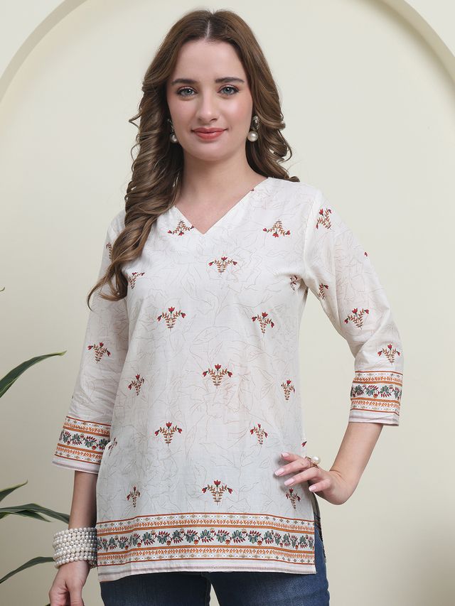 Red Color Cambric Cotton Fabric Designer Printed Formal Short Kurta