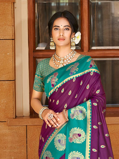 Wine Color Ethnic Woven Designer Partywear Saree