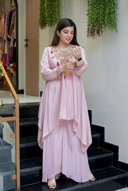 Pink Color French Crepe Fabric Designer Ethnic Readymade Kurta Set