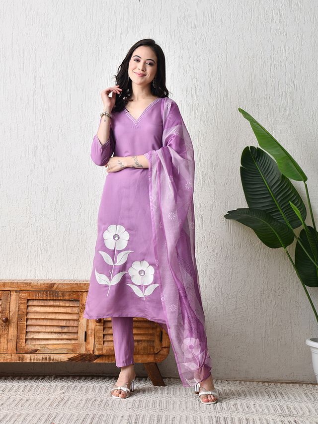 Purple Color Roman Silk Fabric Designer Partywear Readymade Suit
