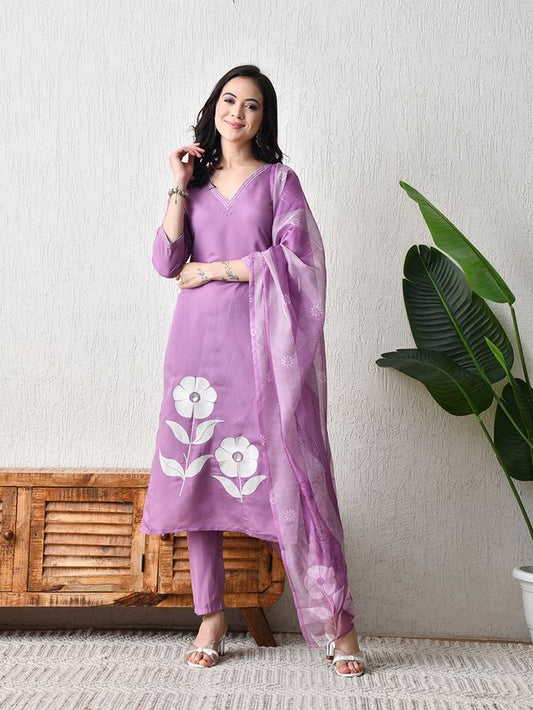 Purple Color Roman Silk Fabric Designer Partywear Readymade Suit