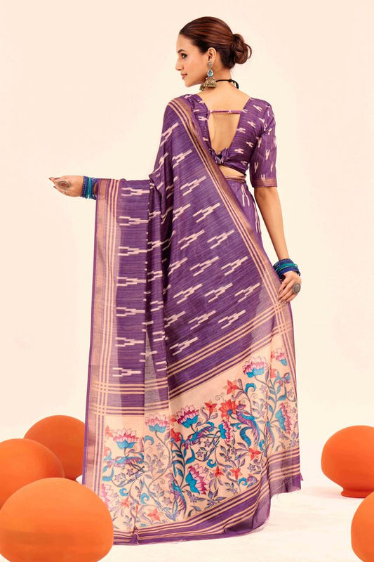 Lavender Color Cotton Silk Fabric Designer Digital Printed Saree