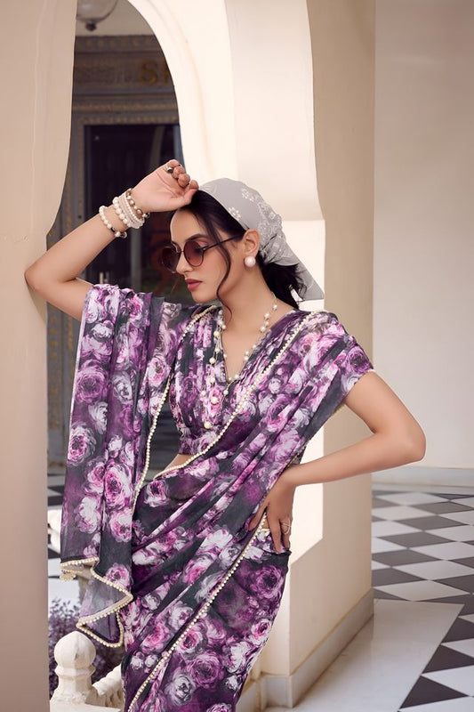 Purple Color Georgette Fabric Beautiful Floral Printed Saree