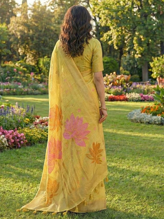 Yellow Color Linen Cotton Fabric Woven Designer Partywear Saree