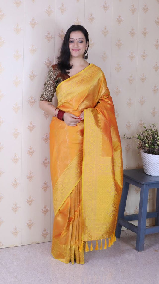 Orange Color Soft Silk Woven Jari Designer Ethnic Partywear Saree