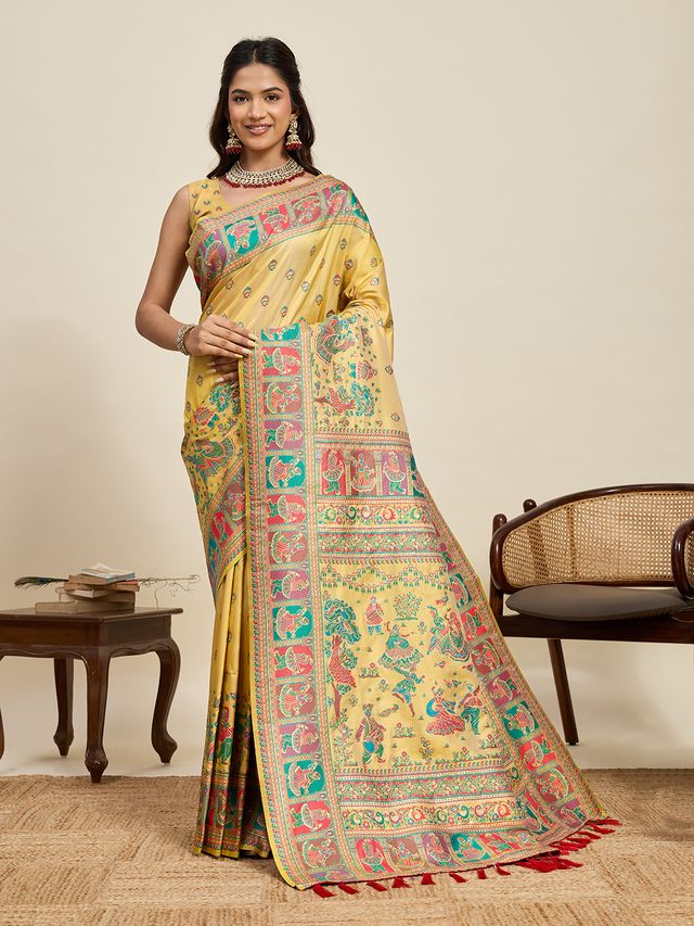 Yellow Color Beautiful Silk Blended Meenakari Designer Ethnic Partywear Saree