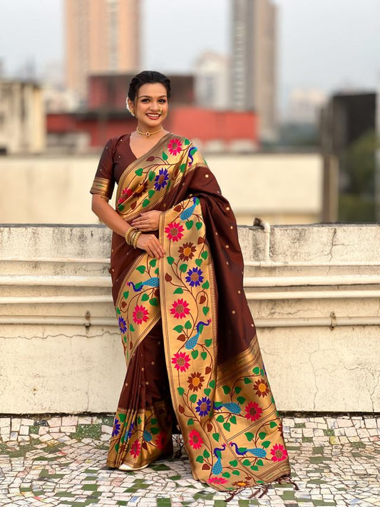 Coffee Color Paithani Silk Fabric Woven Designer Partywear Saree
