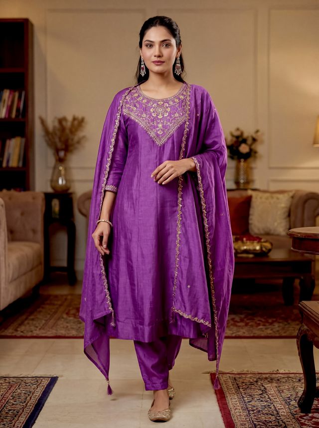 Purple Color Beautiful Vichitra Silk Fabric Designer Ceremonial Readymade Suit
