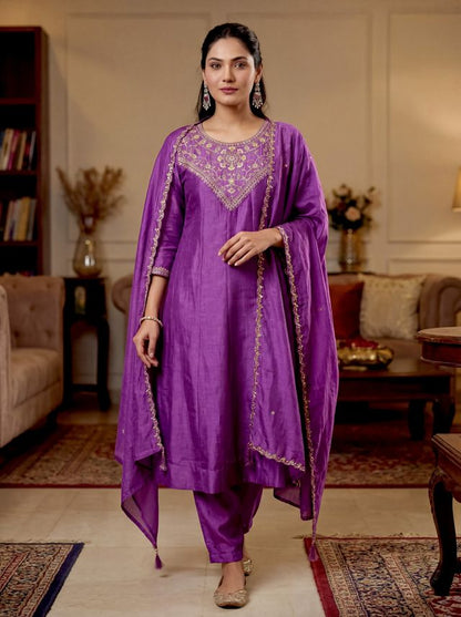 Purple Color Beautiful Vichitra Silk Fabric Designer Ceremonial Readymade Suit