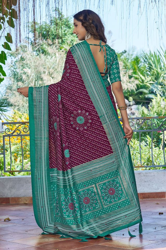 Purple Color Velvet Tussar Silk Fabric Tradtional Woven Saree With Bandhej Print