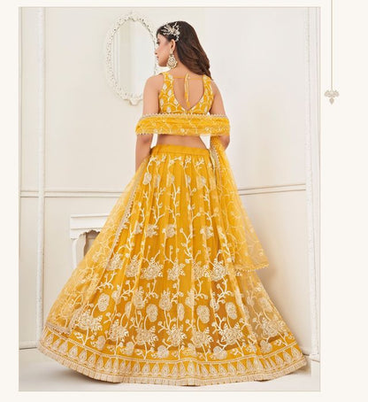 Yellow Embroidery Net A Line Lehenga With Blouse