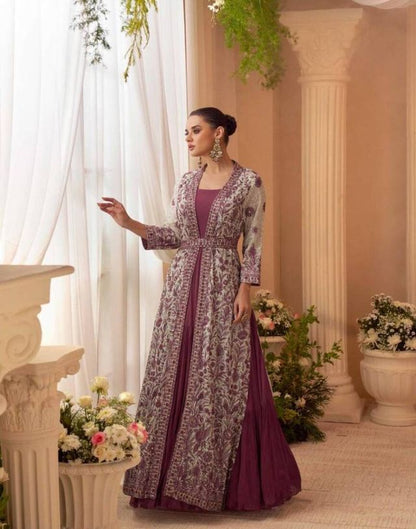 Heavy Silks Purple Long Top With Silk Shrug Free Size Upto 42