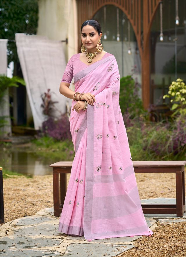 Baby Pink Color Beautiful Linen Fabric Sophisticated Ethnic Saree