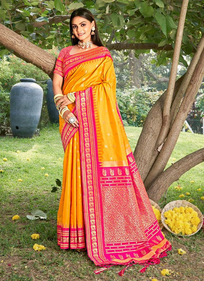 Yellow Color Beautiful Woven Designer Soft Silk Fabric Saree