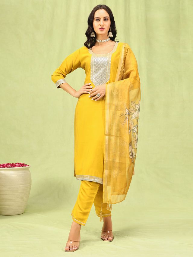 Yellow Color Viscose Roman Silk Fabric Designer Embroidery Work Sophisticated Girlie Salwar Kameez