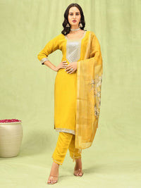 Yellow Color Viscose Roman Silk Fabric Designer Embroidery Work Sophisticated Girlie Salwar Kameez