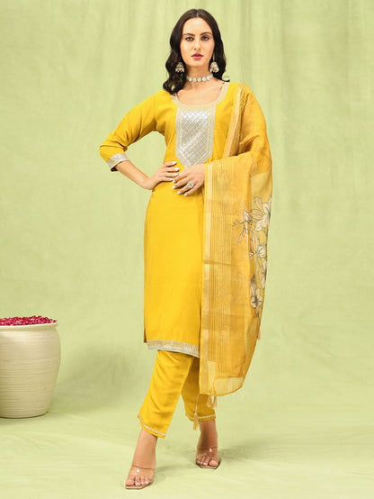 Yellow Color Viscose Roman Silk Fabric Designer Embroidery Work Sophisticated Girlie Salwar Kameez