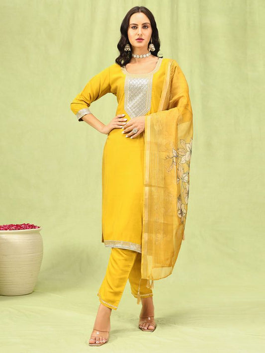 Yellow Color Viscose Roman Silk Fabric Designer Embroidery Work Sophisticated Girlie Salwar Kameez