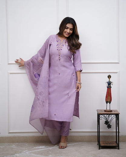 Women's Rayon Slub Fabric Straight Kurta, Pant and Dupatta Set