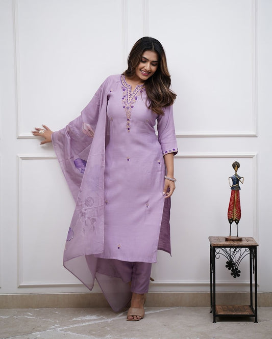 Women's Rayon Slub Fabric Straight Kurta, Pant and Dupatta Set