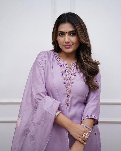 Women's Rayon Slub Fabric Straight Kurta, Pant and Dupatta Set