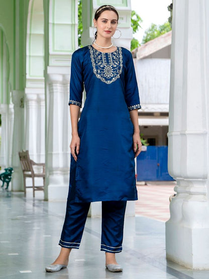 Teal Blue Color Designer Embroidered Silk Blend Ethnic Festive Special Suit