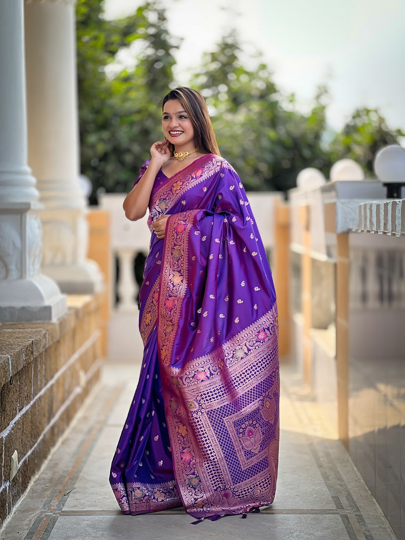 Violet Soft Banarasi Silk Meenakari Weaving Saree With Unstitched Blouse