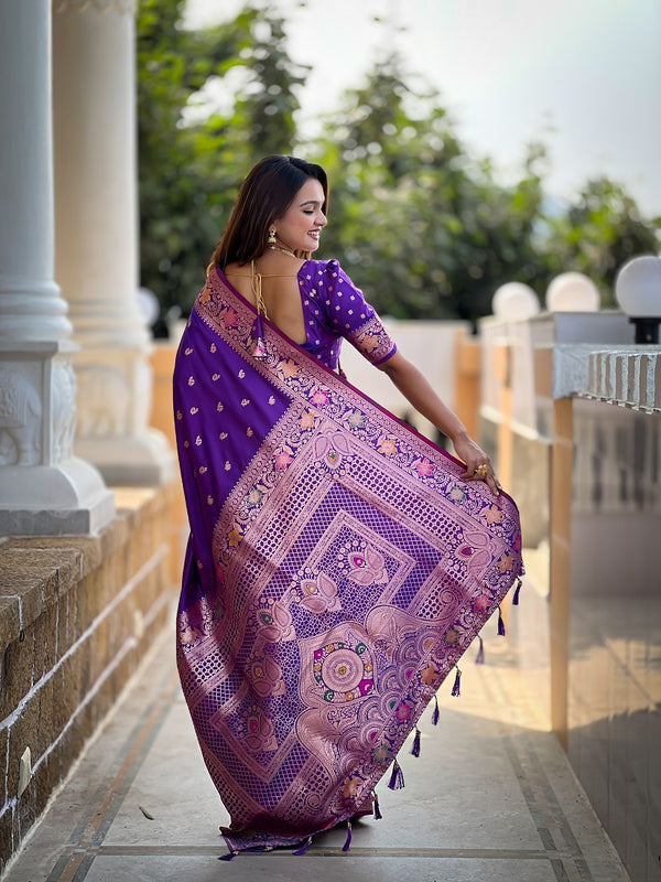 Violet Soft Banarasi Silk Meenakari Weaving Saree With Unstitched Blouse